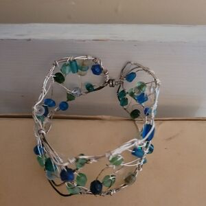 Handcrafted Silver Wire Bracelet with Blue and Green Beads